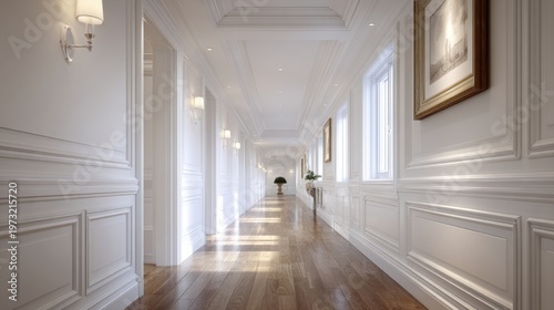 Luxurious and elegant long white hallway with wood floor and decorative wall paneling