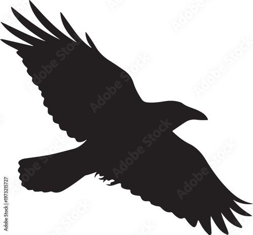 Black raven silhouette flying with spread wings, dark crow bird vector icon on white background, gothic corvus wildlife illustration for logo design