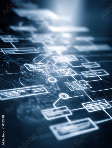 Abstract Digital Network Flowchart Displaying Complex Data Connections and System Logic