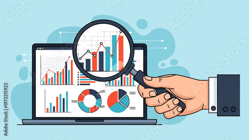 Hand holding magnifying glass over laptop displaying financial charts and pie graphs analyzing its only illustration
