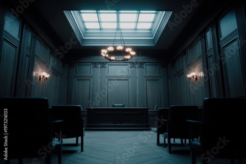 Dark and atmospheric courtroom interior with wooden paneling, chandelier, and skylight, evoking justice and deliberation