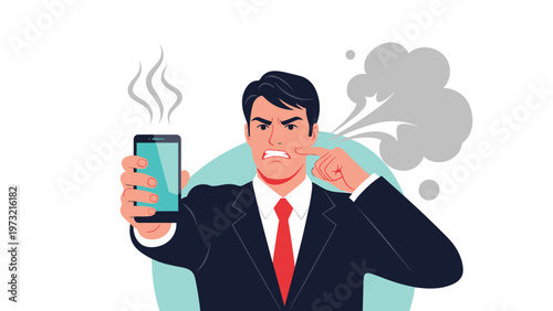 Angry businessman in a suit pointing at his smoking and overheating smartphone with a frustrated facial expression.