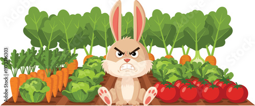 Angry Cartoon Rabbit Sitting in a Garden Surrounded by Fresh Vegetables like Carrots, Lettuce, and Tomatoes