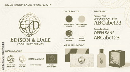 A brand identity board for Edison & Dale, an eco-luxury brand featuring a logo, color palette, typography, and visual applications