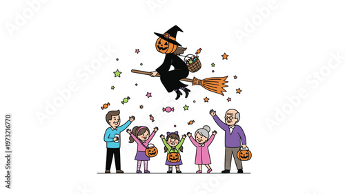 Flying pumpkin headed witch on a broomstick throwing candies to a happy family and children celebrating halloween.