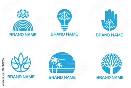 A collection of six blue monochromatic environmental and nature themed logos ideal for sustainable branding