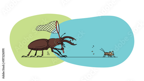 Funny illustration of a large brown stag beetle trying to catch a small cricket with a butterfly net in the grass.