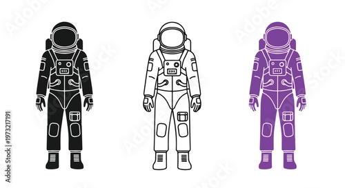 Three stylized astronaut figures in black, white outline, and purple, representing space exploration and science