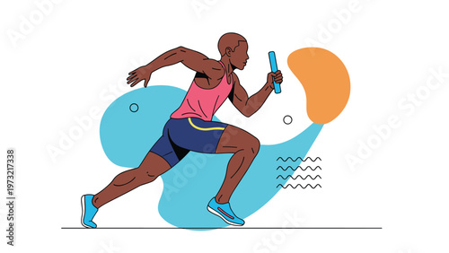 Athletic man in a pink tank top and blue shorts runs a relay race while holding a baton against an abstract background.
