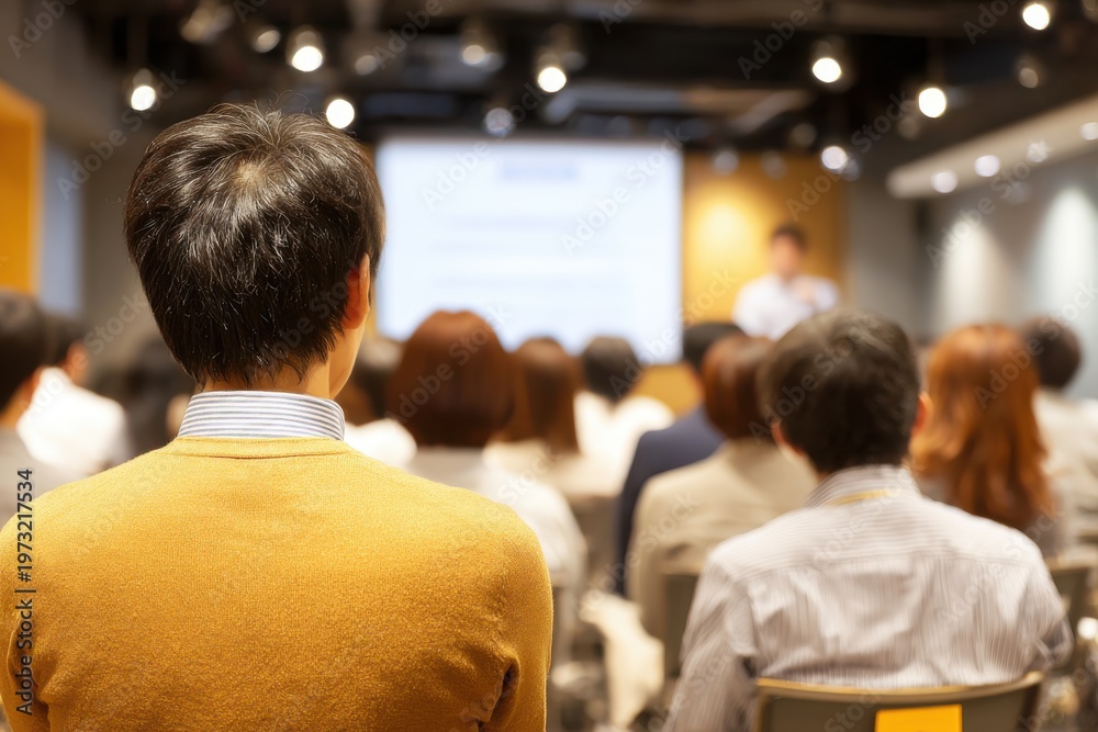 Fototapeta premium Audience attends business presentation in a modern conference hall with projector screen