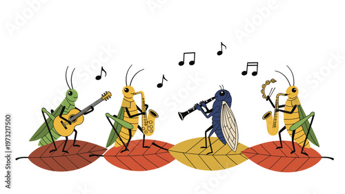 Three grasshoppers and a fly stand on autumn leaves and play a guitar saxophone and clarinet in a musical insect band.