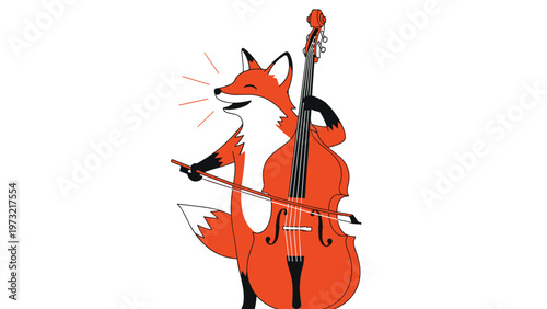 Happy orange fox stands upright and plays a large cello with a bow while singing joyfully against a white background.