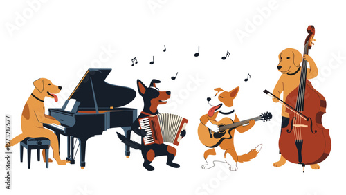 Group of talented dogs including a golden retriever and a doberman play the piano accordion guitar and double bass.
