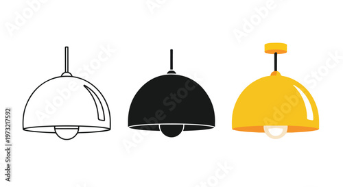 Three different styles of pendant light fixtures including a line drawing, a solid black silhouette, and a yellow design