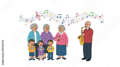 Three elderly women sing into a microphone while three young children hold lyric sheets and a senior man plays the saxophone.