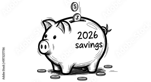 Piggy bank with savings label and coins for 2026 savings plan  