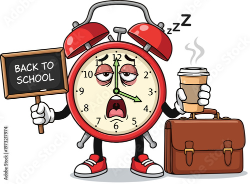 Tired alarm clock cartoon character holding back to school chalkboard, sleepy red clock mascot with coffee and briefcase, funny morning routine vector