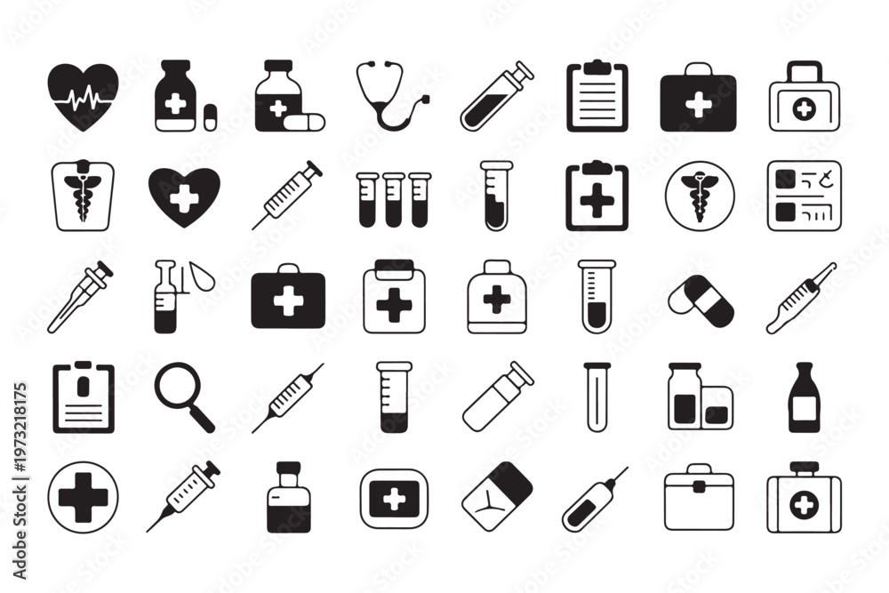 Fototapeta premium A comprehensive collection of black and white icons representing various medical and healthcare concepts in a grid