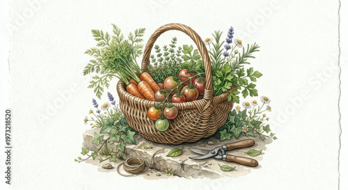 Watercolor illustration of a wicker basket filled with fresh harvest of carrots, tomatoes, and herbs on a stone surface with garden shears
