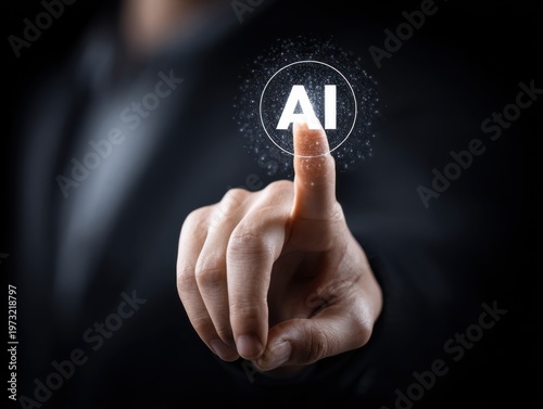 Human finger touches digital interface displaying illuminated AI symbol with glowing particles, representing innovation and technology