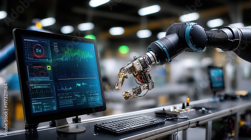 Advanced Robotic Arm Interacting with Futuristic Digital Display in Modern Industrial Factory Setting