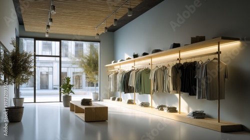 Modern Retail Clothing Store Interior with Natural Light and Display Racks