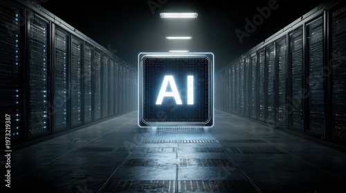 Futuristic AI chip glowing brightly in a high-tech server room, representing advanced artificial intelligence and data processing