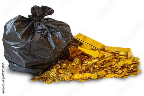 Gold bar and gold coins are stacked next to a garbage plastic bag isolated on a white background