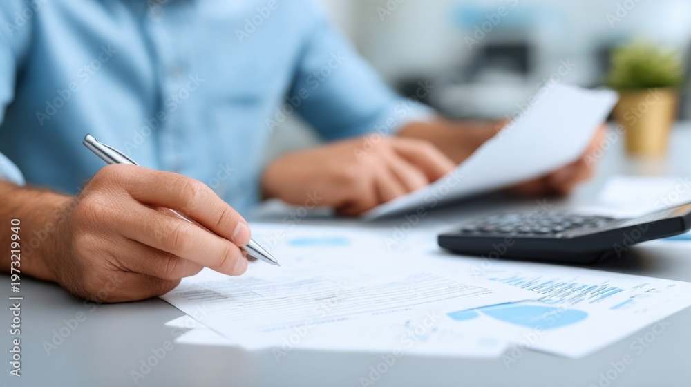 Fototapeta premium Close up of a man in a light blue shirt writing on documents at a desk with a calculator