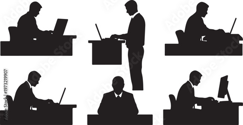 employee working typing silhouette set black