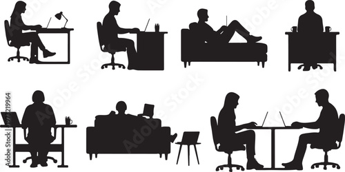 freelancer remote work laptop silhouette set black.