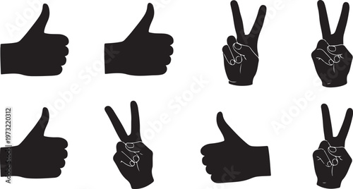 hand gestures pointing thumbs up peace silhouette set black.
