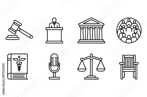 A set of law and justice icons in a minimalist flat design style