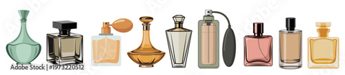 Elegant perfume bottles line up in colorful array. Glass and plastic containers hold fragrant mystery. Each vessel reflects a different scent and style. Perfect for fashion, beauty