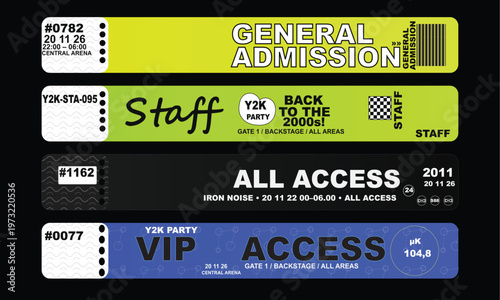 A collection of four different event access wristbands and tickets are displayed horizontally against a dark background.