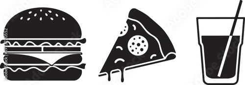 food icons burger pizza drink silhouette set black