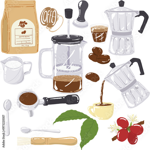 Coffee Brewing Equipment Vector Set with French Press and Moka Pot