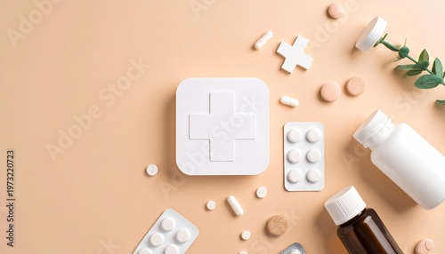 Minimalist medicine and healthcare concept with cross symbol and supplements