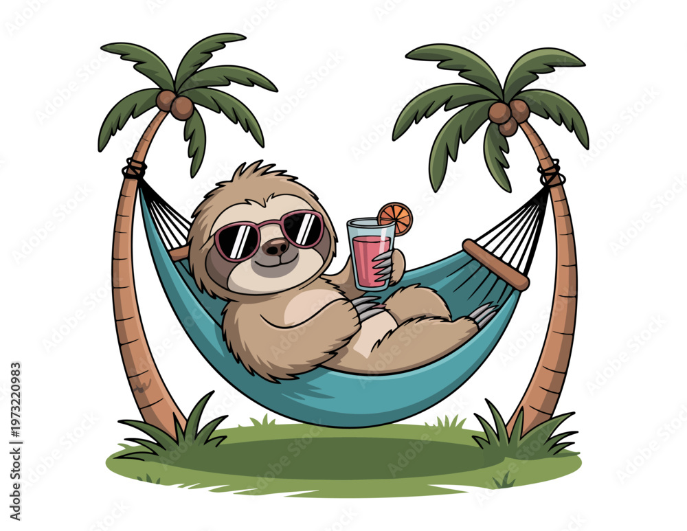 Obraz premium a cartoon sloth is relaxing in a hammock with palm trees