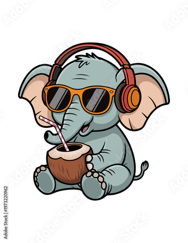 an elephant wearing headphones and drinking coconut juice