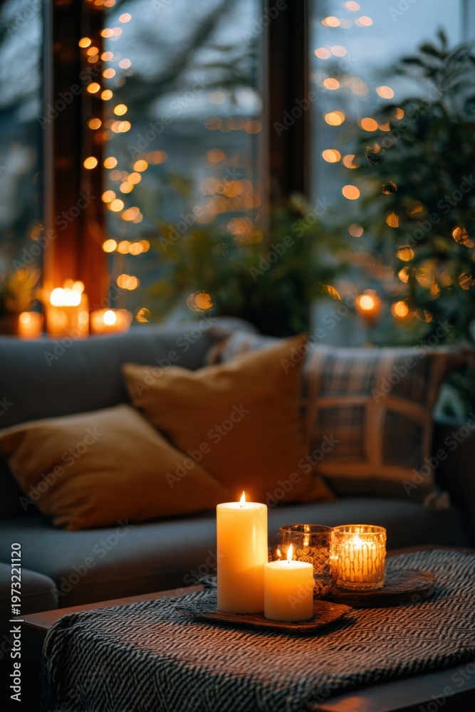 Obraz premium Cozy candlelit living room evening glow with candles and string lights creating warm ambiance at dusk by window