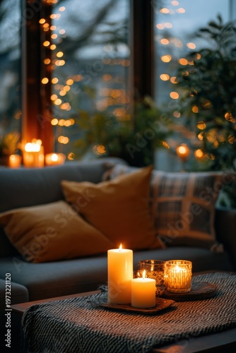 Cozy candlelit living room evening glow with candles and string lights creating warm ambiance at dusk by window