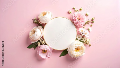 Floral frame with delicate pastel blossoms and a blank circle for personalized content