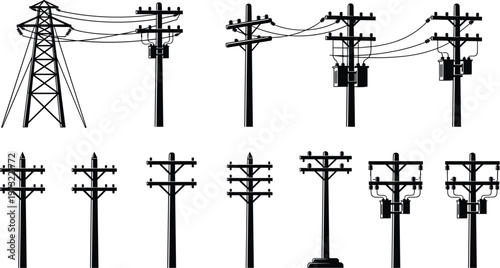 Set of electric transmission tower and utility poles with power lines and transformers silhouette representing energy distribution infrastructure system