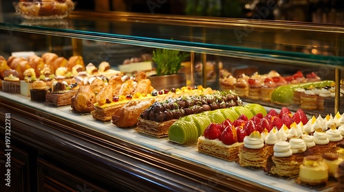 Display case full of french traditional pasteries in shop