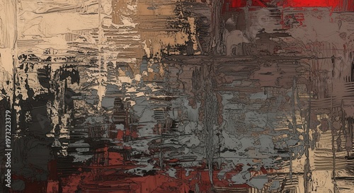 Abstract expressionist painting with rich textures and earthy tones, featuring dynamic brushstrokes and a sense of depth.