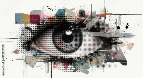 Abstract Eye with Glitch and Halftone Effects.