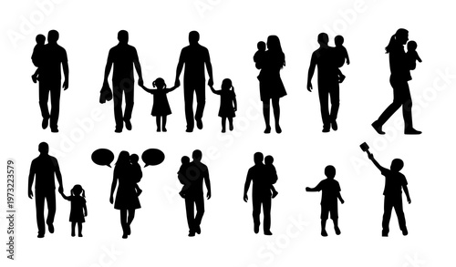 Family silhouettes set with parents and kids in daily activities stylish vector illustration collection