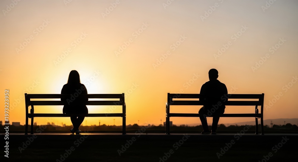 Obraz premium Two silhouetted figures sit on separate benches facing away from each other during a warm sunset