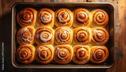 Delicious Cinnamon Rolls Freshly Baked in a Tray.